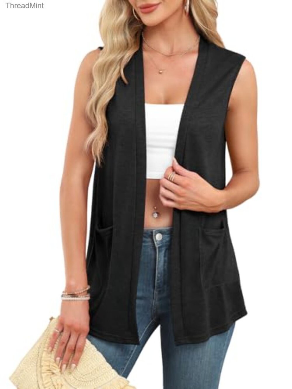 Lightweight Open Front Sleeveless Knit Cardigan Vest Curved Hem Pockets